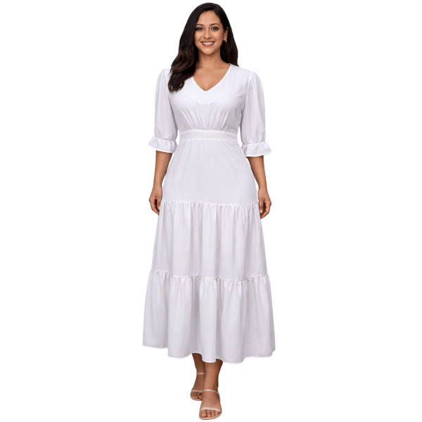 V-neckline white Maxi dress with puff sleeves - Image 1