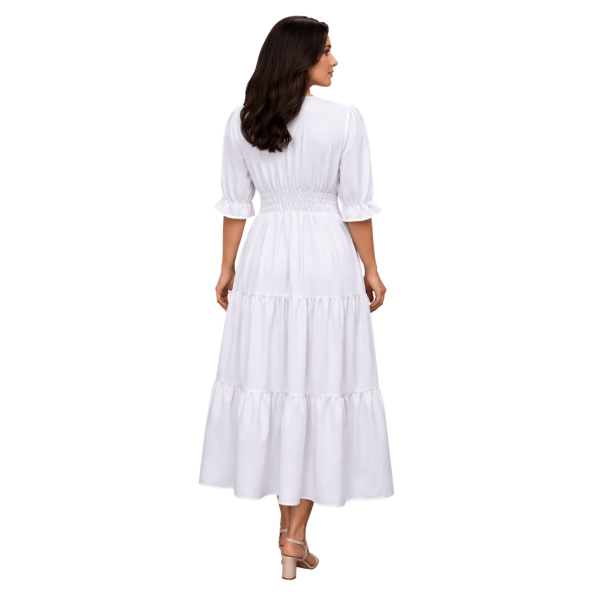 V-neckline white Maxi dress with puff sleeves - Image 2