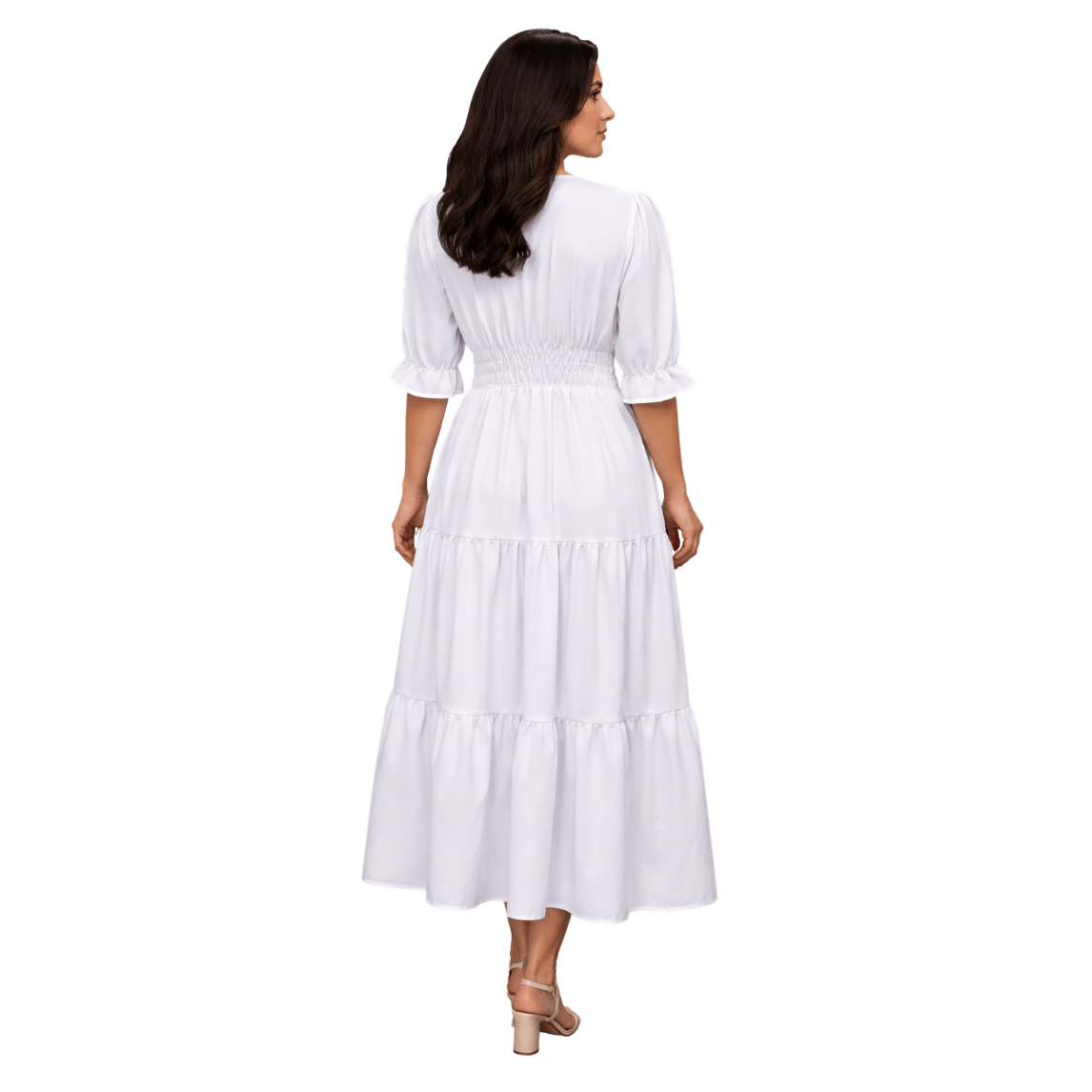 V-neckline white Maxi dress with puff sleeves - Image 2
