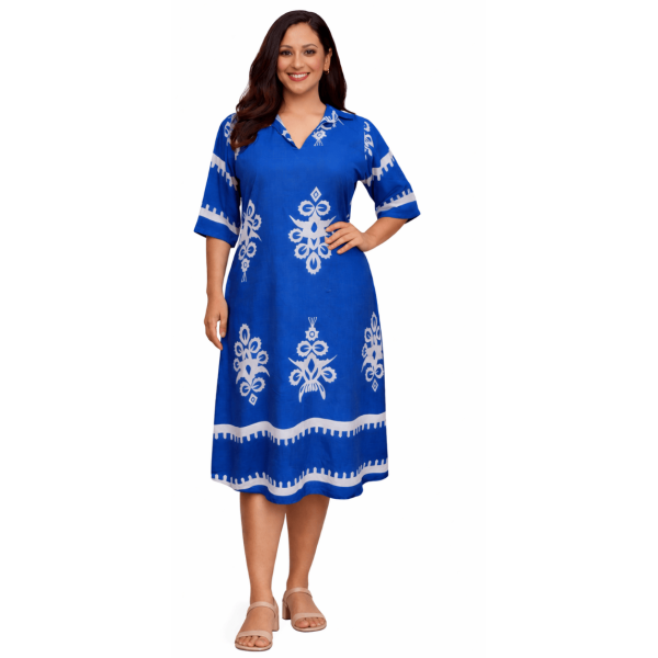 V-neckline Soft Linen Midi Dress - Blue - Image 1