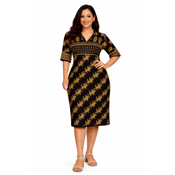 V-neckline Viscose Black and Gold Midi Dress - Image 1