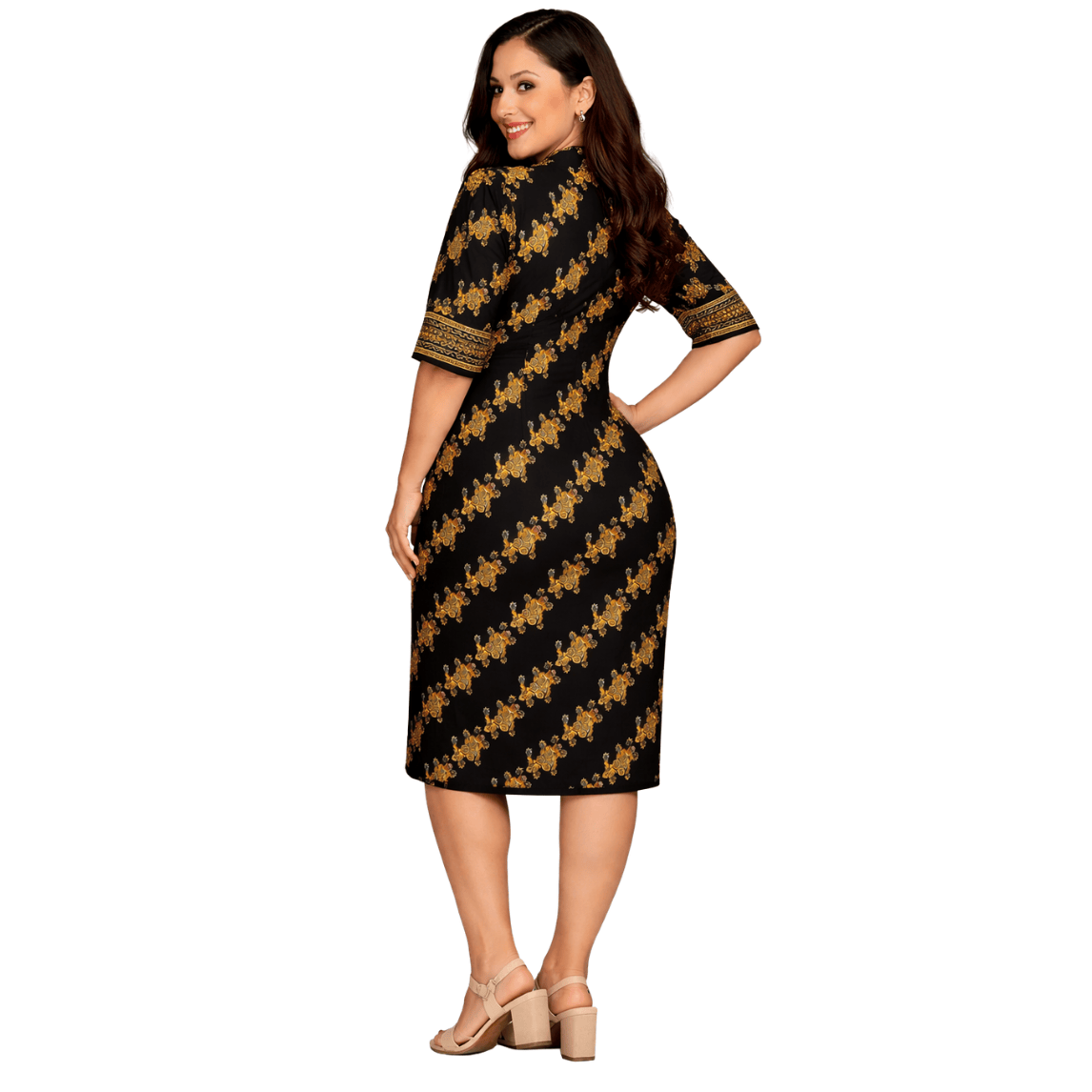V-neckline Viscose Black and Gold Midi Dress - Image 2