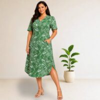 V-neck, short sleeves Midi dress with green floral pattern