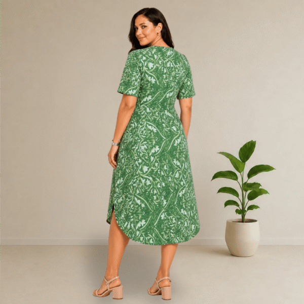 V-neck, short sleeves Midi dress with green floral pattern - Image 2