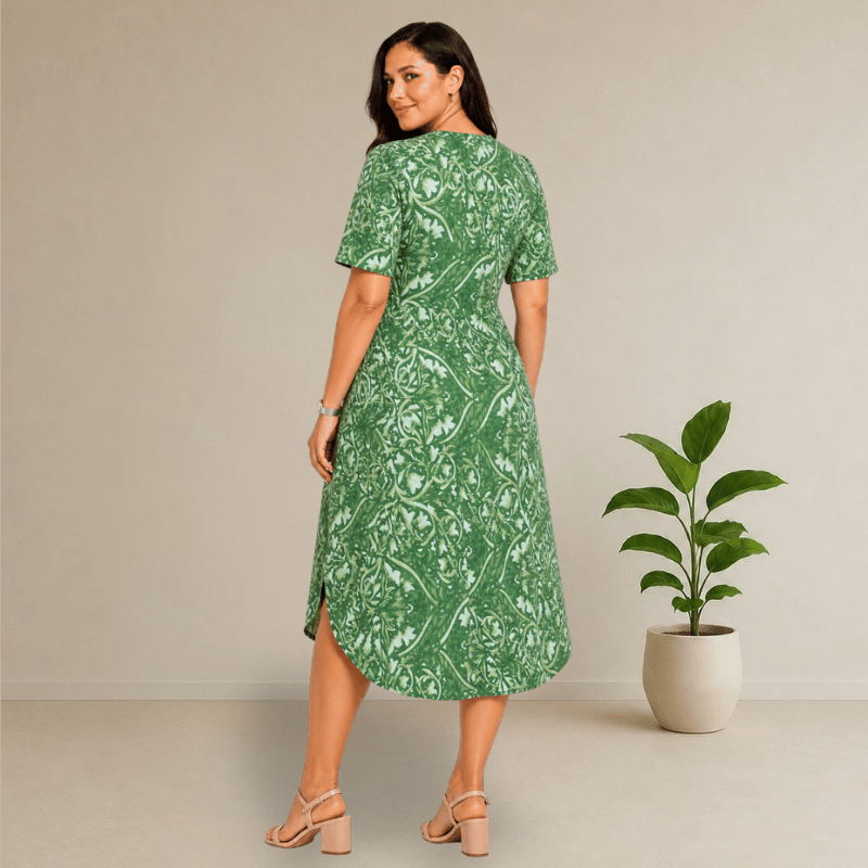 V-neck, short sleeves Midi dress with green floral pattern