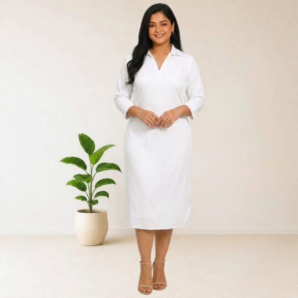 Classic Collar White Soft Linen Midi dress - Image 1