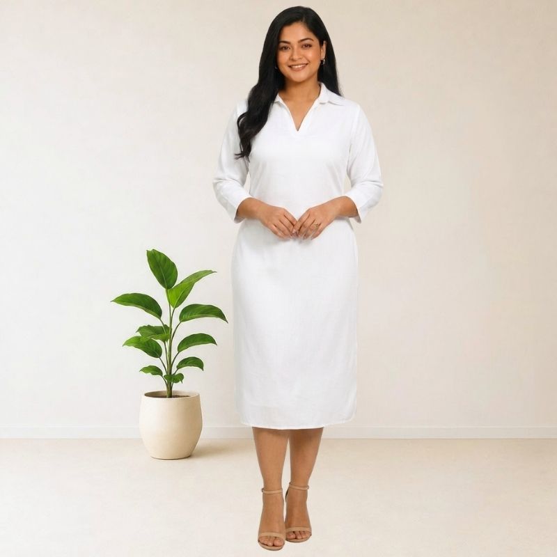 Classic Collar White Soft Linen Midi dress