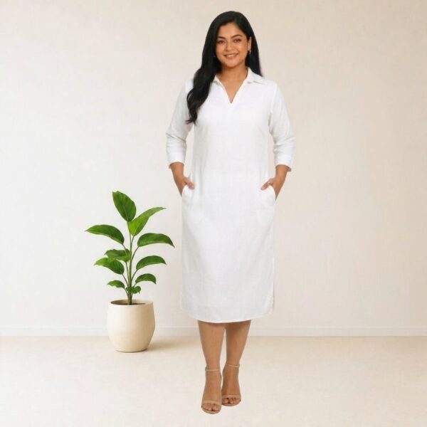 Classic Collar White Soft Linen Midi dress - Image 2